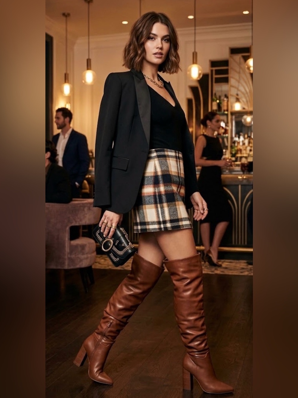 SHEIN Plaid Mini Skirt in Black, Cream & Tan with Rust Accents